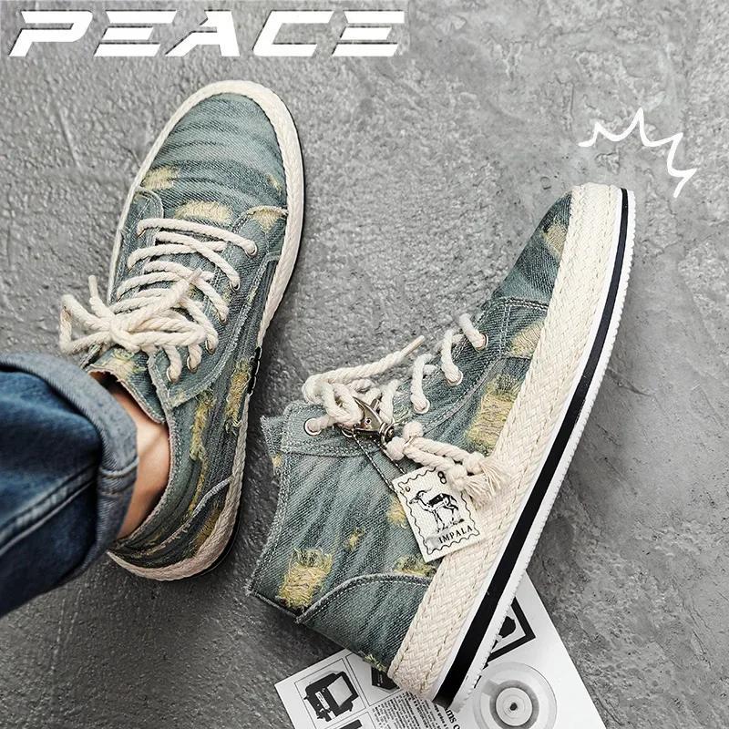 Men High Top Canvas Sneakers Lace Up Classic Casual Walking Shoes Youth Rundown Style Cricket Footwear