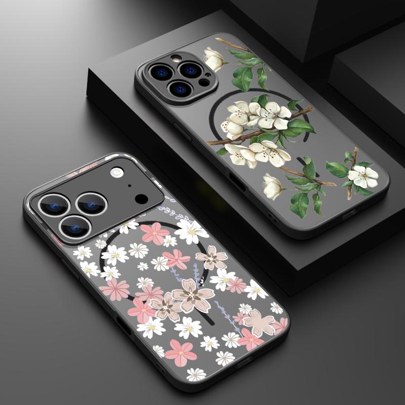 Translucent Matte Magnetic Phone Case For iPhone 17 16 15 Pro 14 13 Pro Max 16e 17e For Magsafe Little Floral Hard PC Back Cover