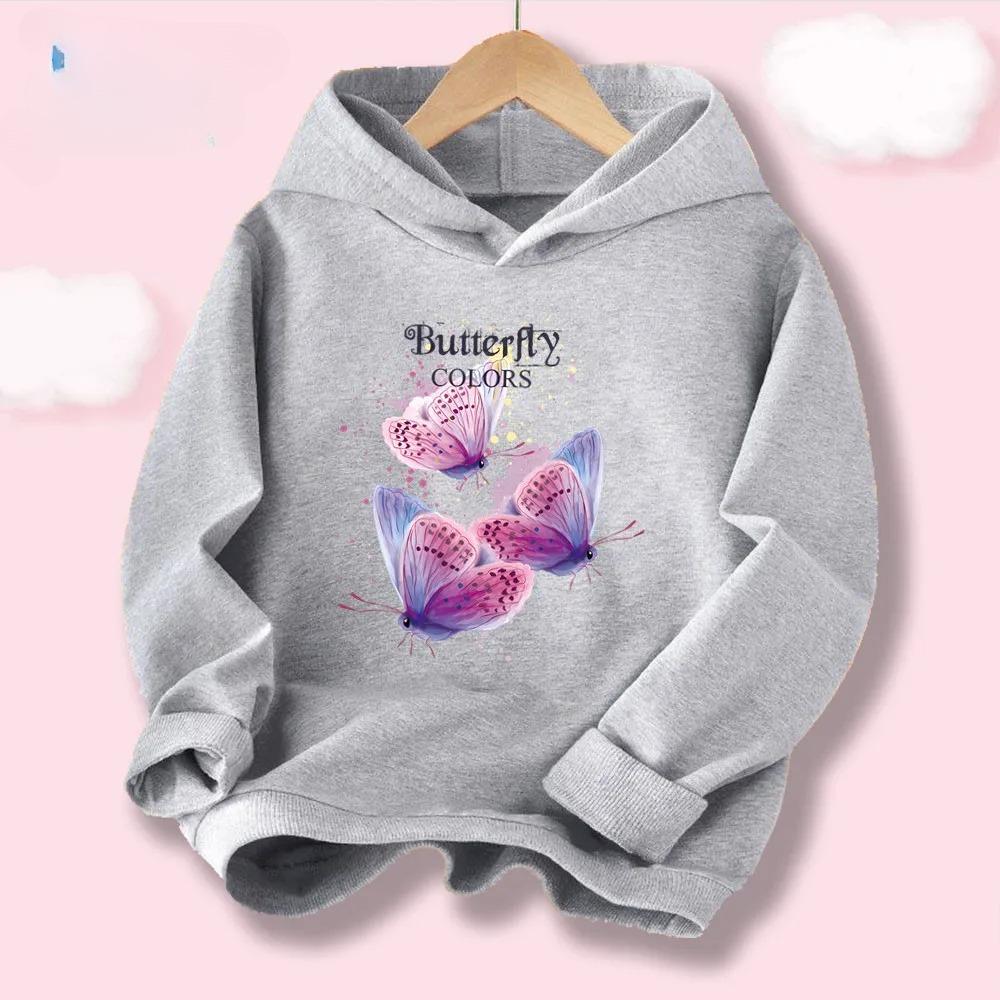 New Fashionable Pink Petal Butterfly Hoodies for Girls Spring Autumn Hooded Sweatshirt, Soft Cotton Children's Top HDHB1