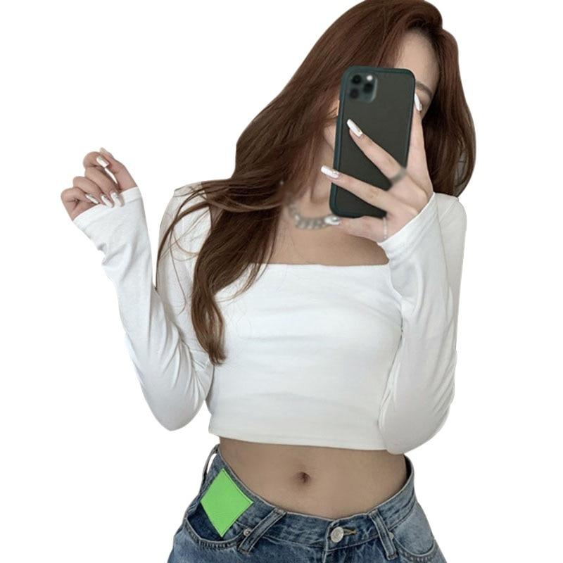 Корейская футболка с квадратным воротником, женская весенне-осенняя повседневная тонкая футболка с длинным рукавом и открытым пупком, топ