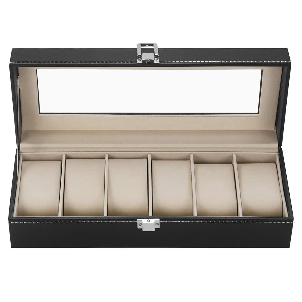 6 слотов из искусственной кожи, коробка для часов, органайзер, витрина, держатель для мужчин и женщин, стеклянное хранилище ювелирных изделий, черный подарок