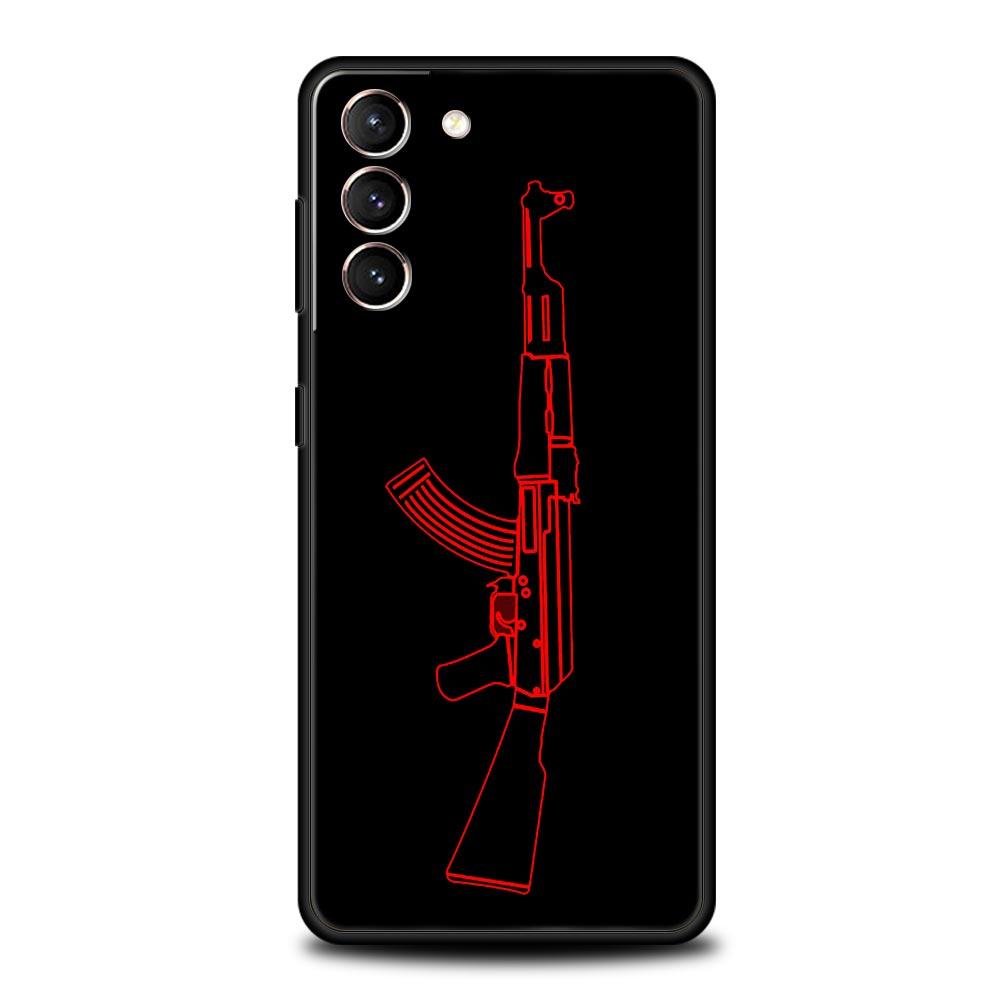 AK47 Handgun Gun BUllets Phone Case For Samsung Galaxy S23 Ultra S22 S21 S20 FE 5G S10 S10E S9 S8 Plus Note 20 Soft Black Cover