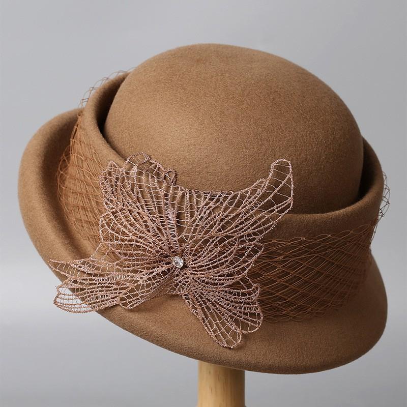 Wool Felt Beret Women Fall Winter Vintage Elegant Mesh Bow Hat