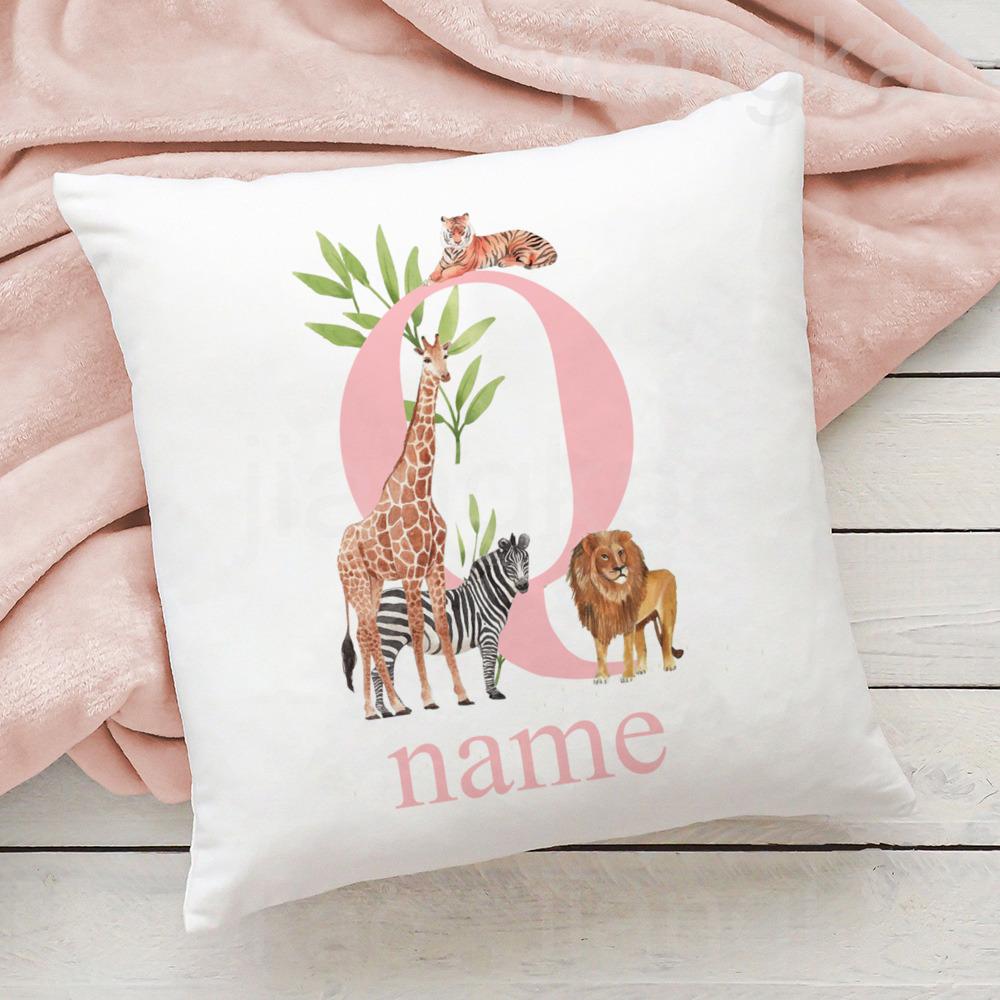 Personalized Pillow Case Initial with Name Safari Animal Pillow Cover Kids Bedroom Wild Party Decor Kids Birthday Shower Gift