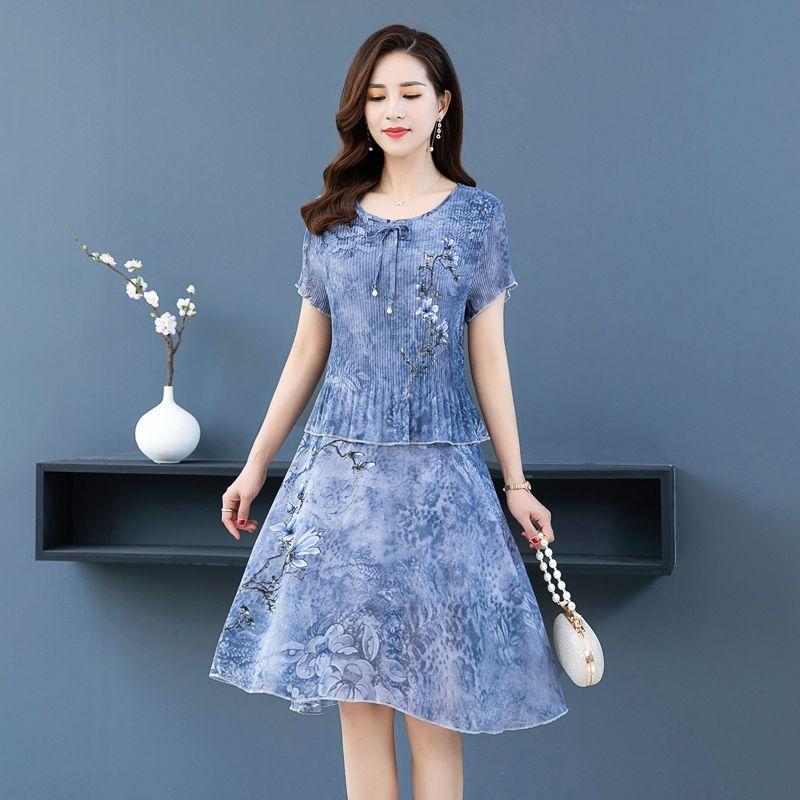 Женское шифоновое платье больших размеров, летнее винтажное платье трапециевидной формы длиной до колена с искусственным принтом из двух частей