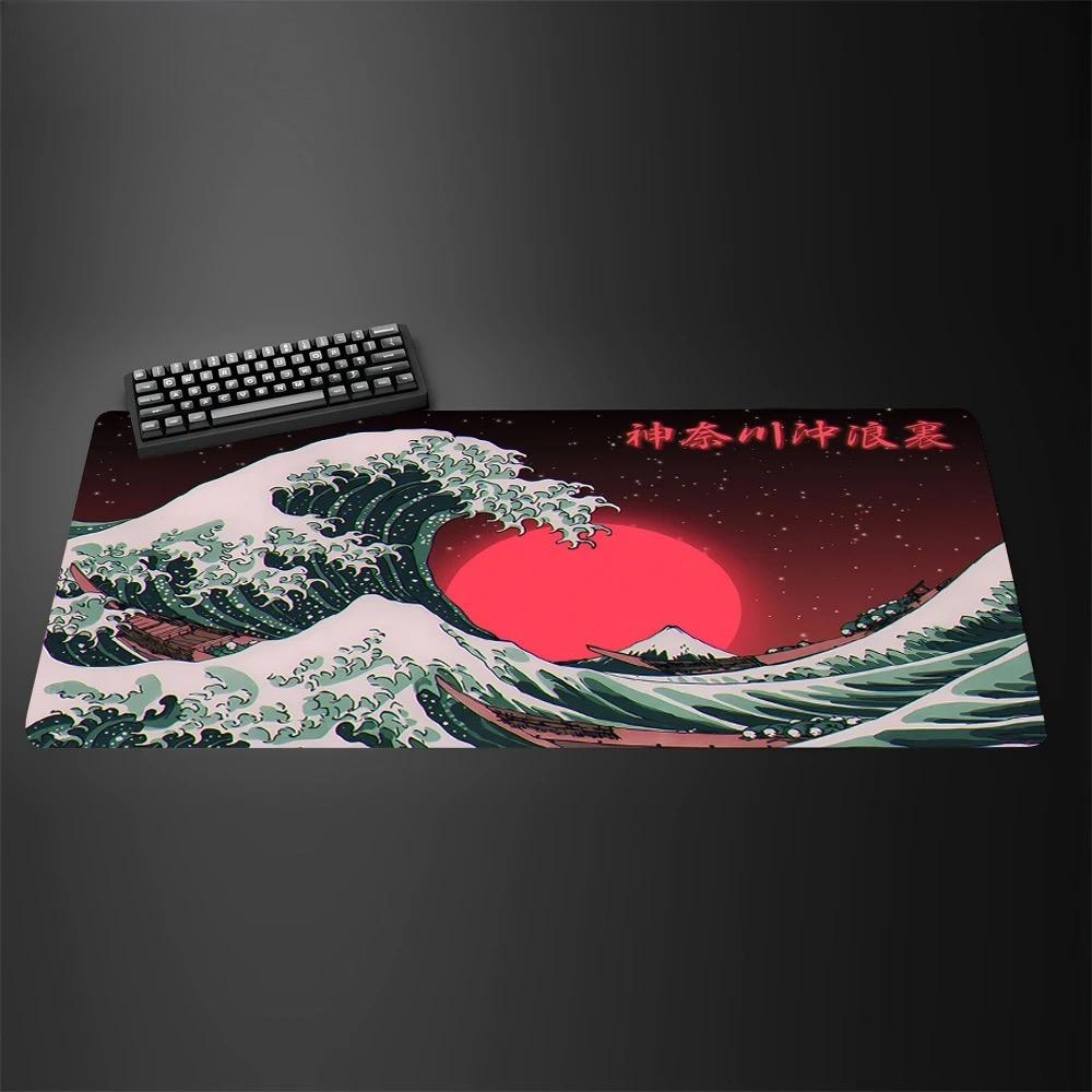 Alfombrilla De RatN Xxl De 90x45cm DiseO De Olas Gigantes En Blanco Y Negro Antideslizante De Cuero Para Juegos Anime Es