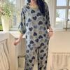 Pink cotton and silk pajamas women's spring and summer medium-sleeved trousers loungewear sweet girl cotton and silk suit can be worn outside 