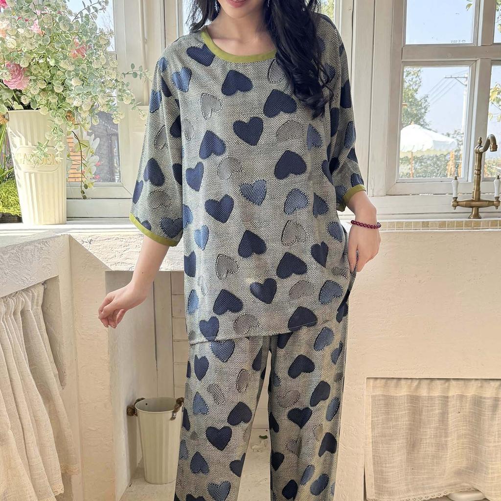 Pink cotton and silk pajamas women's spring and summer medium-sleeved trousers loungewear sweet girl cotton and silk suit can be worn outside
