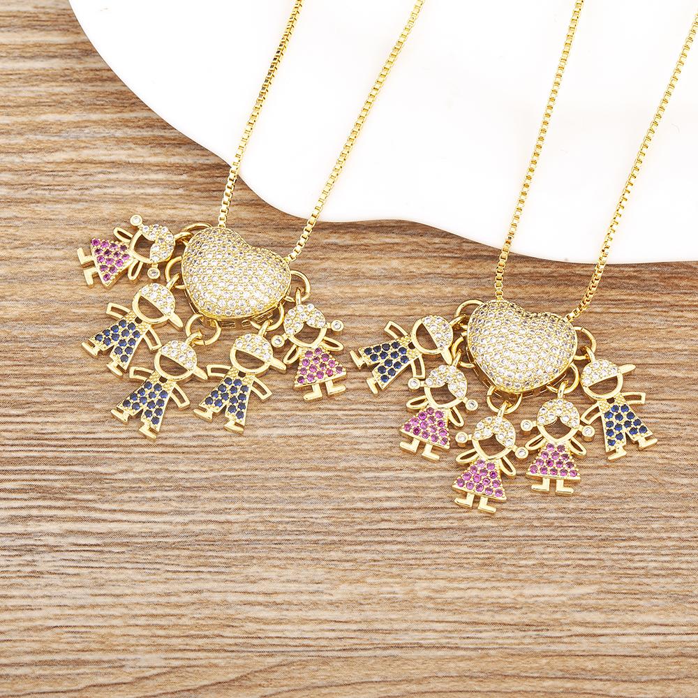 Nidin Personalized Gold Plated Boy Girl Kids Heart Pendant Zircon Necklace Mom Child Birthday Colar Mother's Day Gift Jewelry