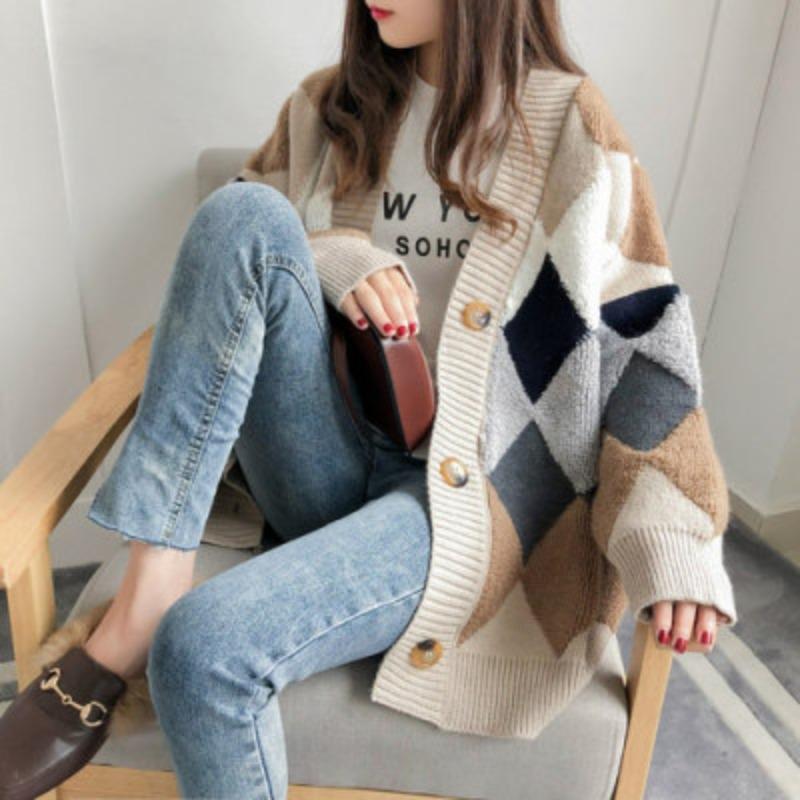 Autumn New Long Sleeve Argyle Knitted Sweater Jacket Women Winter Elegant Fashion Loose Woman Cardigans Sweaters Vintage Plus Size Knitwear Coat 24929