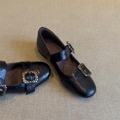 Версия из овчины~ ретро круглый носок светлый вырез маленькие одинарные туфли женские на плоской подошве с ремешком через подъем черного цвета универсальные туфли Мэри Джейн