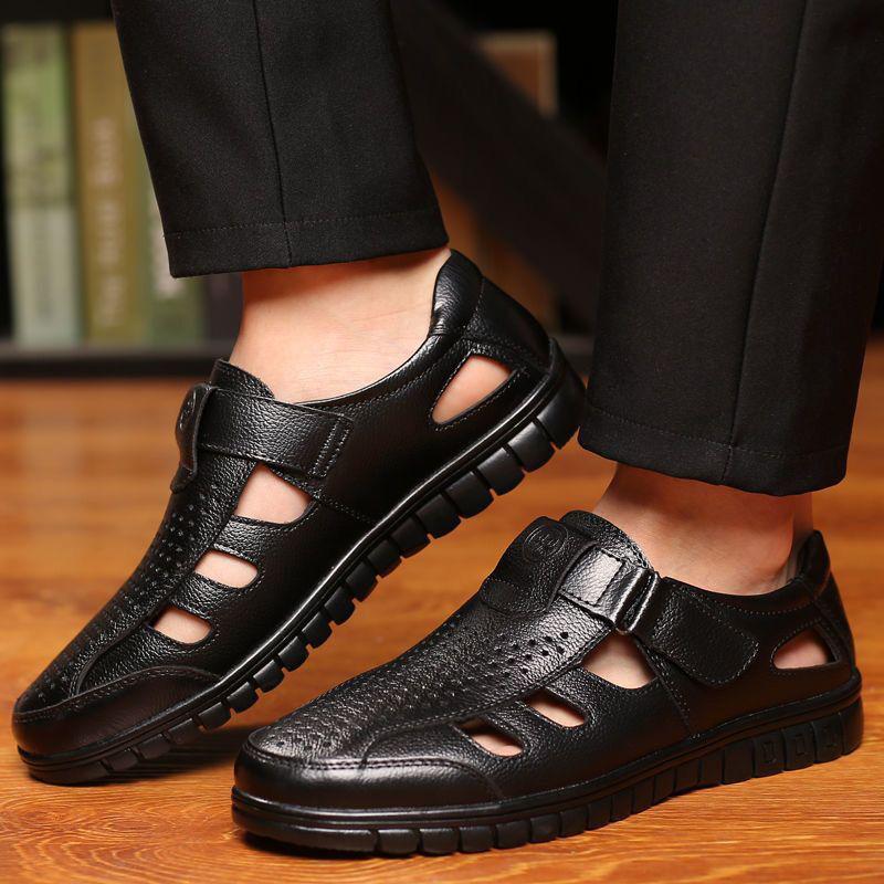 Мужские кожаные сандалии для вождения на мягкой подошве - деловой кэжуал, полый дизайн для среднего и пожилого возраста