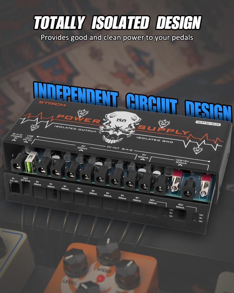 STRICH Guitar Pedal Power Supply 10 Completely Separate Pedal Board Power Supply DC Output High Power and High Current Effect Pedal Noiseless SPS-60