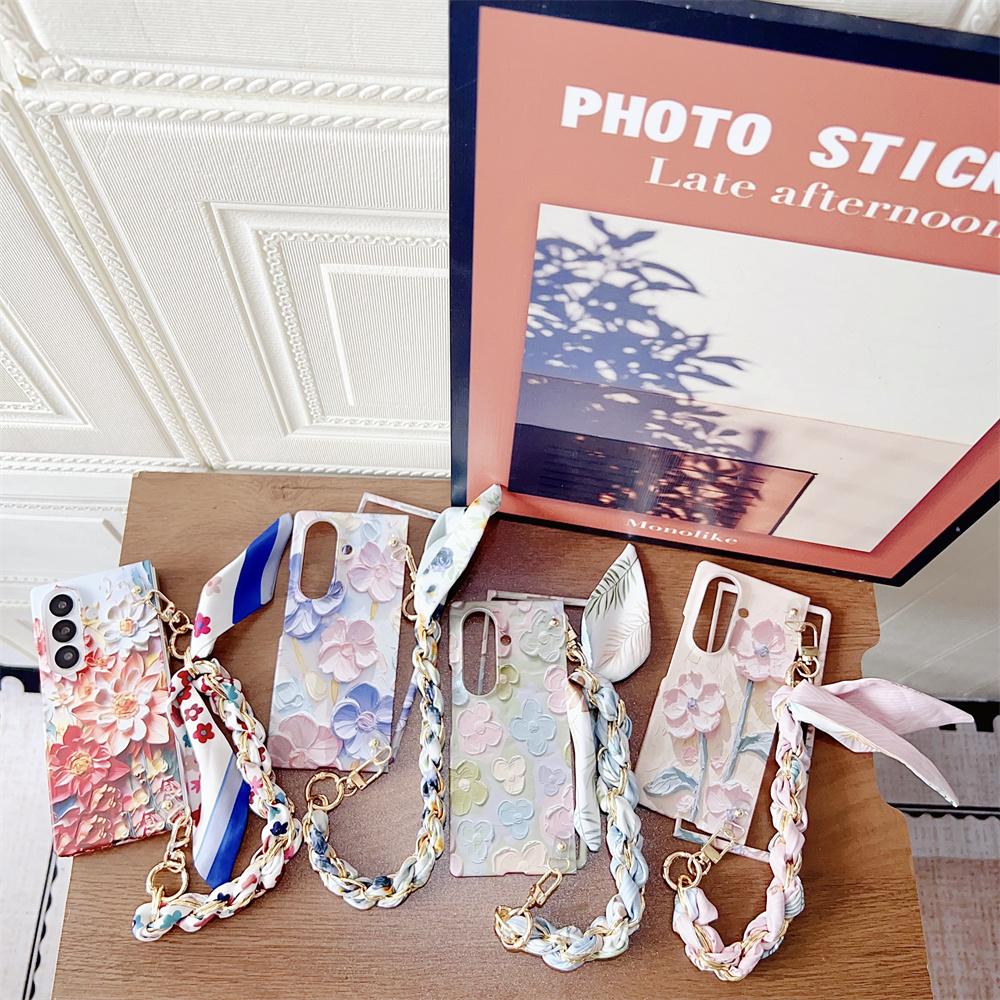 Relief Flower Phone Case For Samsung Galaxy Z Fold 7 5G Scarves Bracelet Hand Strap Protective PC Hard Shell Fold7 Back Cover