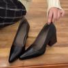 2025 версия из овчины~ ретро толстый каблук острый носок темперамент черные средневековые высокие каблуки на одной педали с открытой союзкой туфли для работы