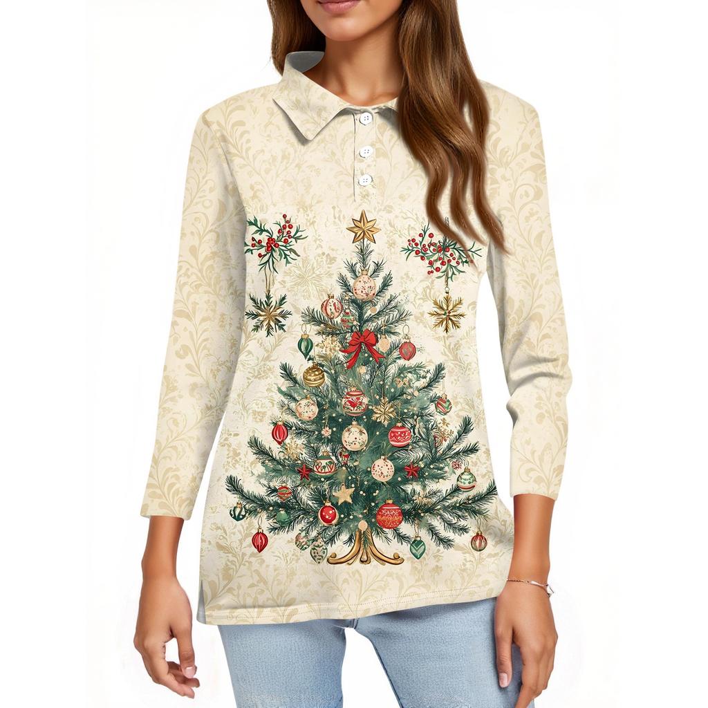 Women's Fashion Casual Lapel Short 3/4 Sleeve Christmas Print Shirt Women's Button Up Tops