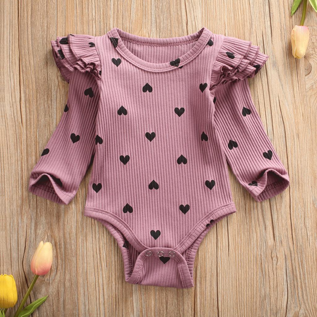 Infant Newborn Baby Girls Valentine's Day Heart Print Ruffles Romper Bodysuit