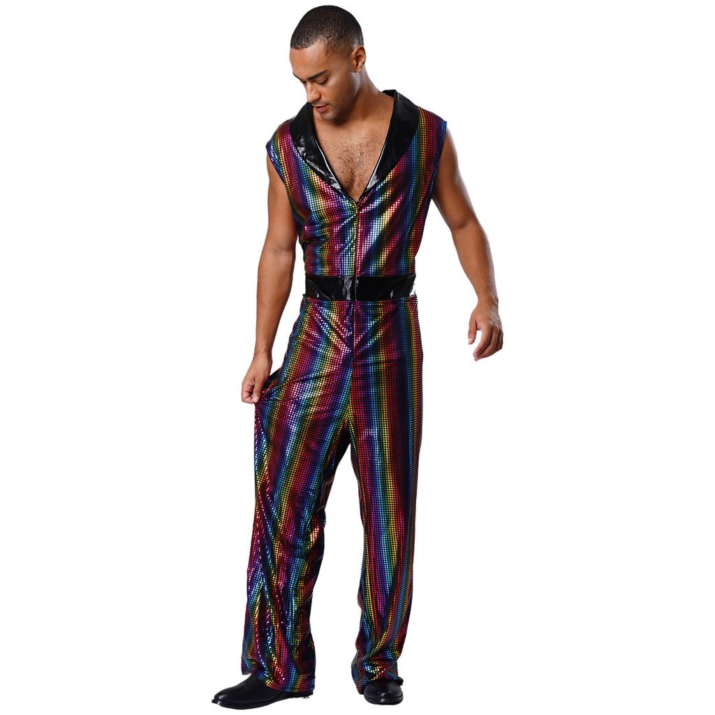 Retro 1920s Disco Outfit for Men M-3XL Metallic Shiny Plaid V Neck Lapel Sleeveless Wide Leg Jumpsuit for Club Rave Stage