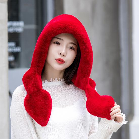 Autumn Winter Warm Hat Plush Lining Windproof Integrated Headwear Scarf for Women Cold Protection 3-in-1 Neck Ears Warmer Plush Hat for Motorcycle EMA