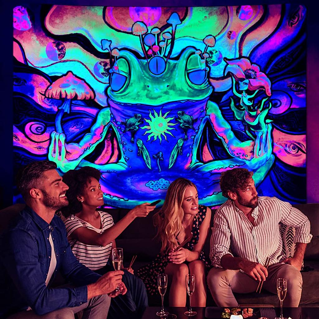 Гобелен с лягушкой Blacklight, УФ-реактивный цветочный гобелен, глаза хиппи, светящиеся в темноте, солнце и луна, эстетический настенный подвес для спальни