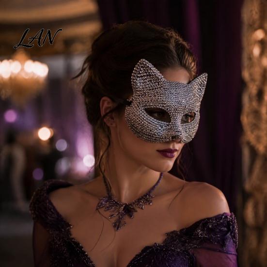 Sparkling Carnival Face Mask Full Rhinestone Halloween Mask, Skull And Cat Adjustable Elastic Straps Costume for Theme Dances Masquerade Party