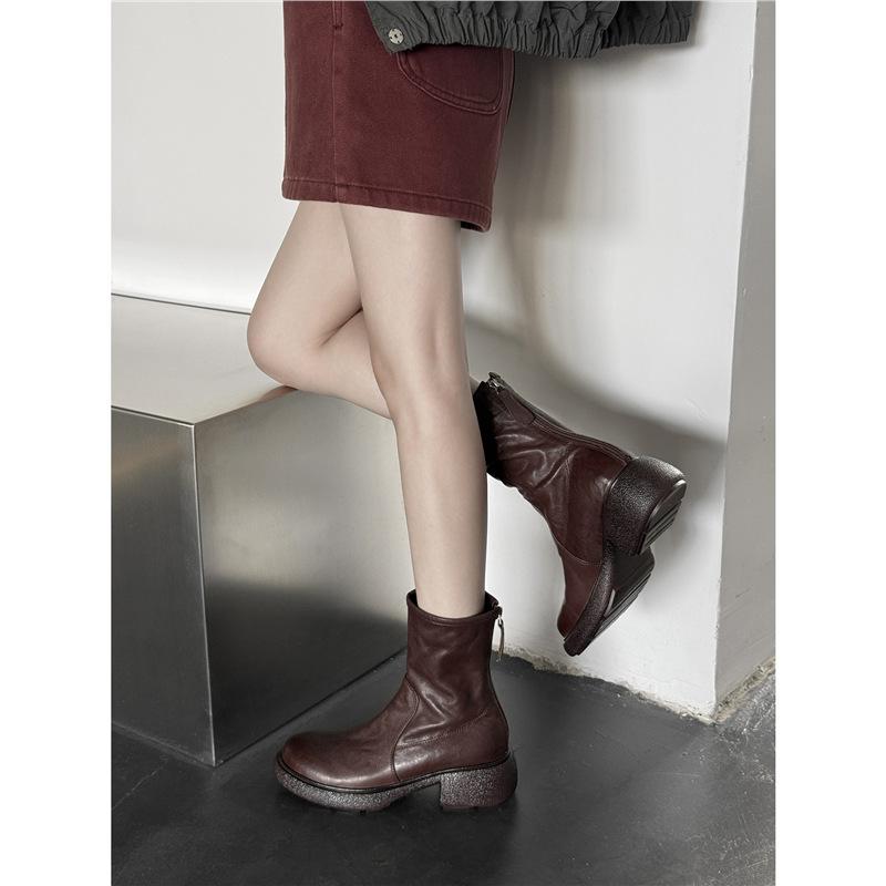 Короткие ботинки Толстые ботинки и Челси Круглый носок Высокий сигаретный короткий пуш~ Мартин Женские ботинки на платформе