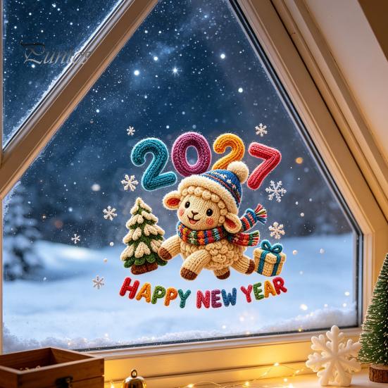 Seasonal Store Decorations Chinese New Year Window Stickers, 2027 Goat Static Clings, Reusable Home Holiday Decor Crochet Knit Lamb Decals,