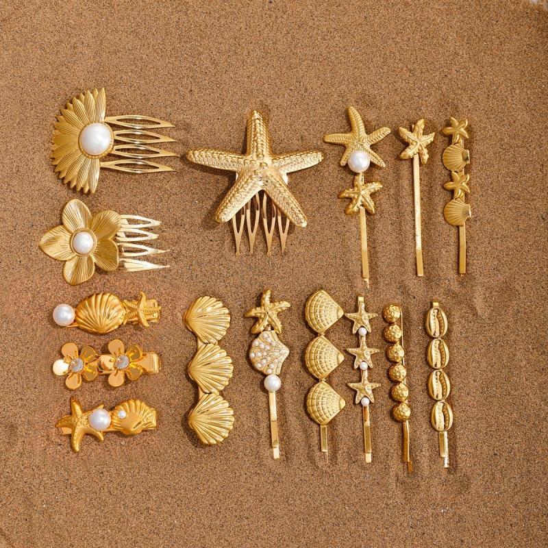Trendy Gold Color Flower Shell Starfish Hair Clips Y2K Hairpins Women Girls Metal Imitation Pearl Side Headwear Hair Accessories