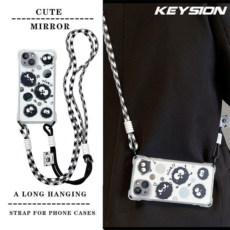 KEYSION Crossbody Strap Phone Case for iPhone 13 14 15 Pro Max Cute Cartoon Long Lanyard Mirror Shockproof Cover for iPhone 15 14 Plus