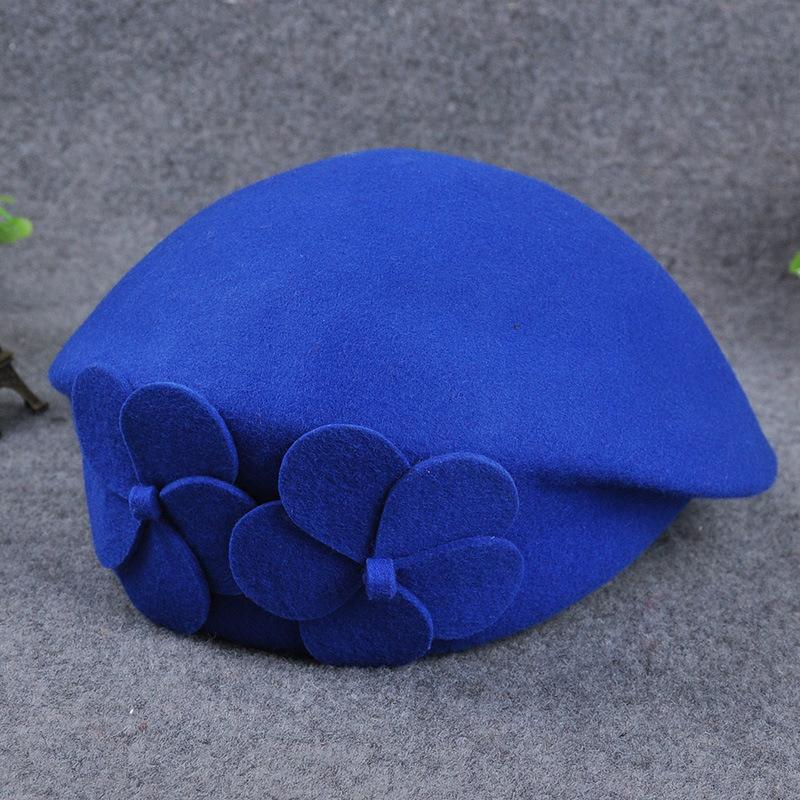 Elegant British Style Double Flower Woolen Beret Hat Ladies Winter Wool Felt Hat Airline Stewardess Cap