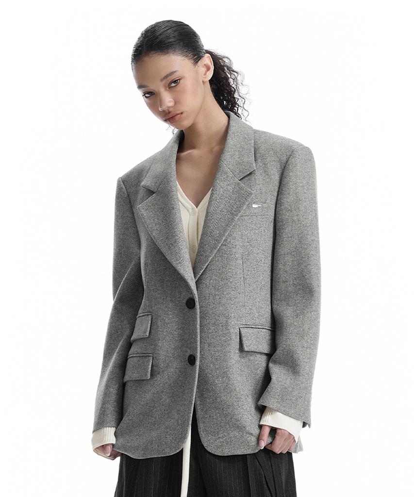 TREEMINGBIRD Back-Button Oversized Wool Blazer [ Gray ]