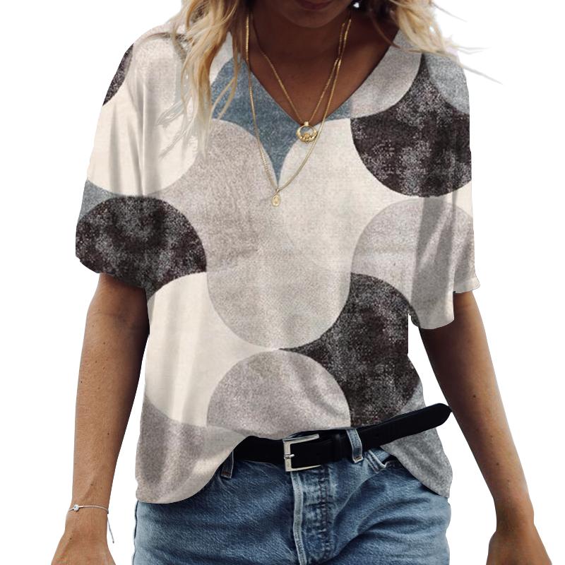 Womens Vneck Short Sleeve Abstract Curve Printed Tops Loose Tshirt Casual Blouse