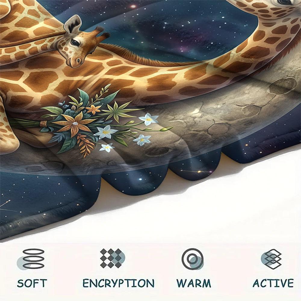 1PC Giraffe Moon Night New Patterned Flannel Blanket High quality All Seasons for Lunch Break Warmth and Comfort Halloween Gifts Ideal Gift
