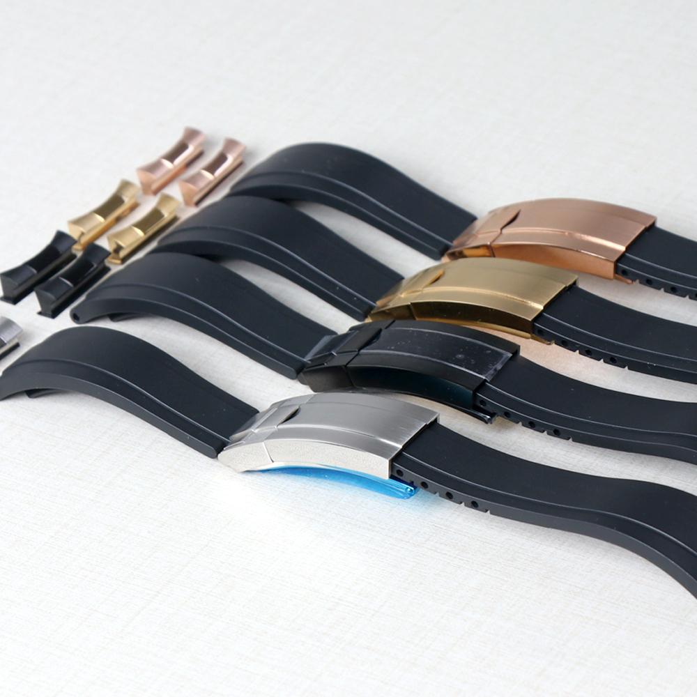 20mm Rubber Watch Band For Yacht-Master Seiko Daytona Submariner Curved End Strap With Endlink Buckle Black Silicone Bracelet