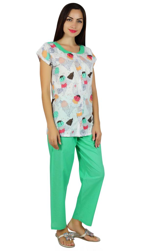 Bimba Womens Cotton Pajama Night Wear Set Short Sleeve Shirt with Pyjamas - Night