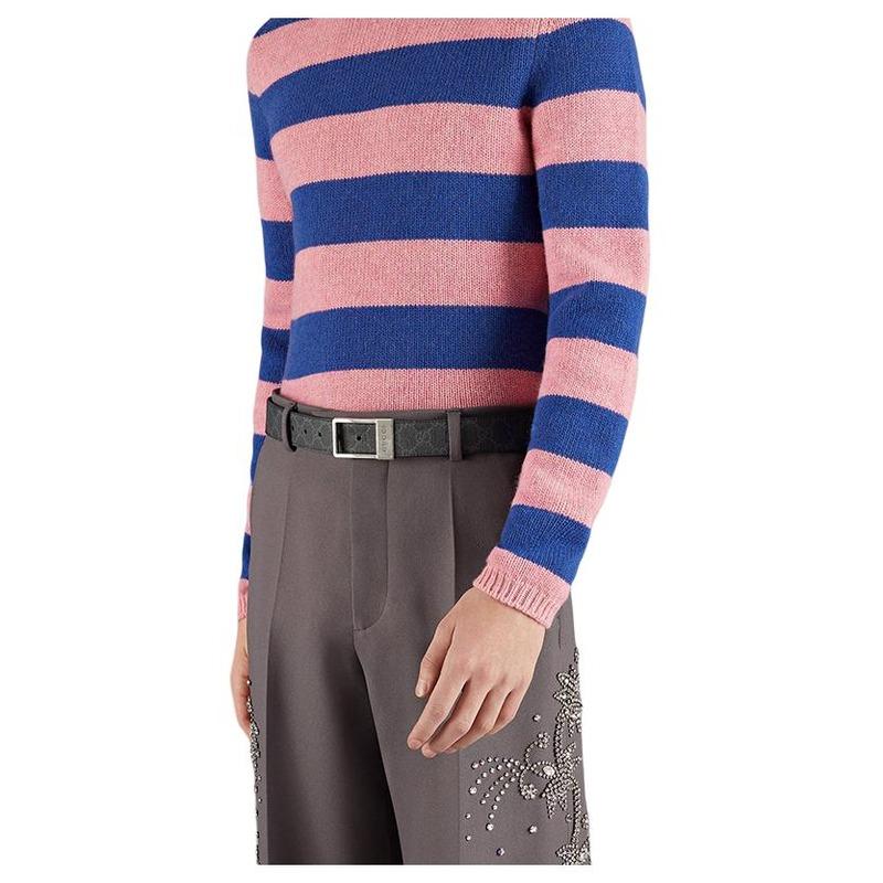 MLB GUCCI Gucci GG Supreme decorated with Gucci engraved rectangular buckle canvas belt men's black width 3.5cm 722370-KGD0N-1000