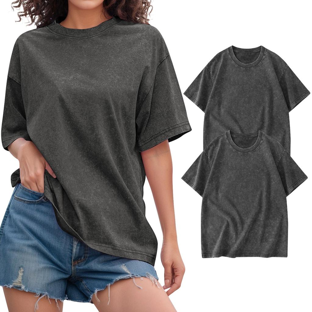 2PC Unisex T-shirt Casual Loose Solid Color Round Neck Pullover Short Sleeve T-shirt Top