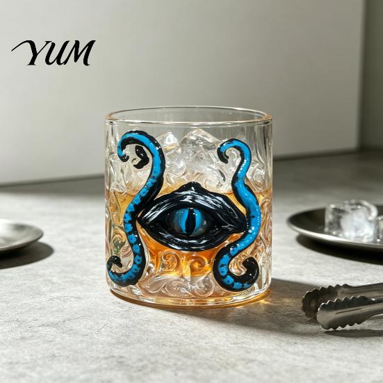 Durable Dishwasher Safe Glass Octopus Tentacle Whiskey Cup, Hand-Painted Devil Eye Drinking Creative Gothic Style Drinkware High Borosilicate