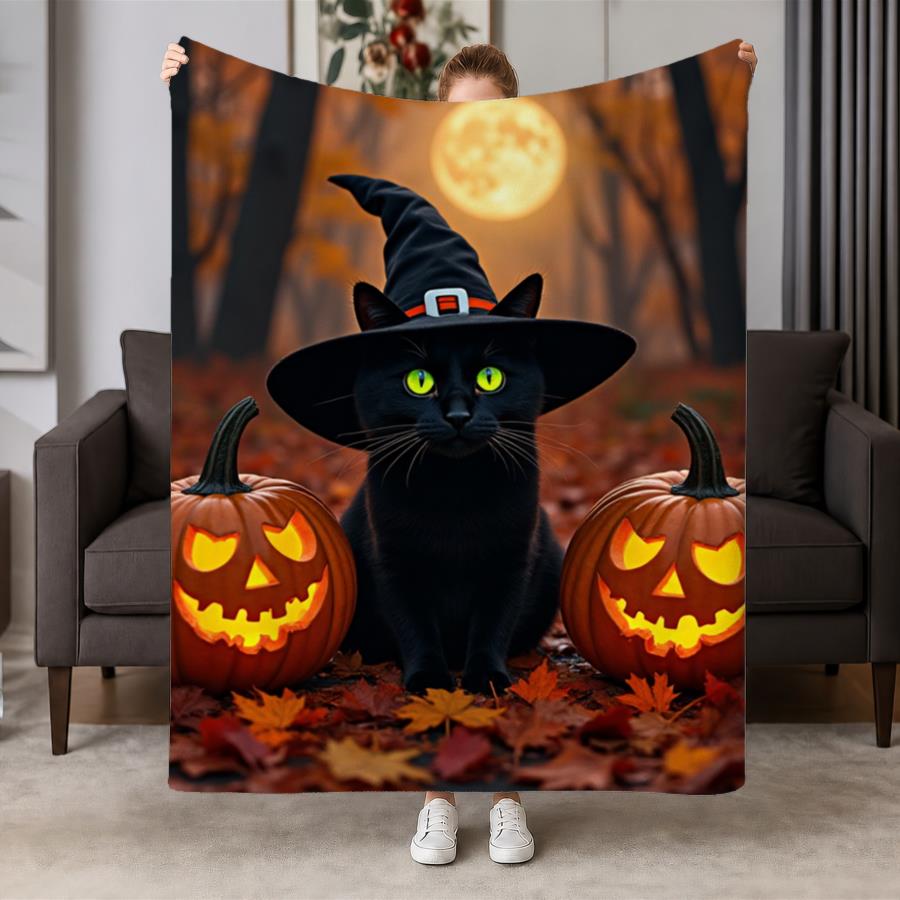 Cozy Halloween Witch Cat Flannel Throw Blanket-Soft, Warm Ideal for Couch, Bed, Office & Travel Perfect Gift for Friends & Family Autumn Forest Moon D