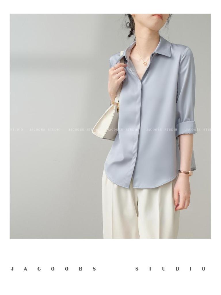 Women's Ash Blue Satin Long Sleeve Shirt - Retro Hong Kong Style, Spring Commute, Concealed Placket, Versatile Drapey Blouse