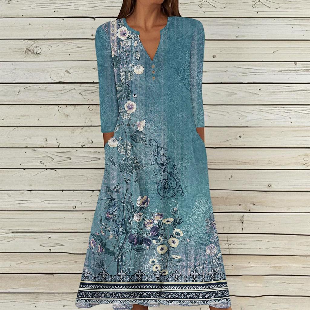 Женское летнее повседневное платье с V-образным вырезом на пуговицах, винтажным цветочным принтом, рукавом три четверти, длинное, с карманами