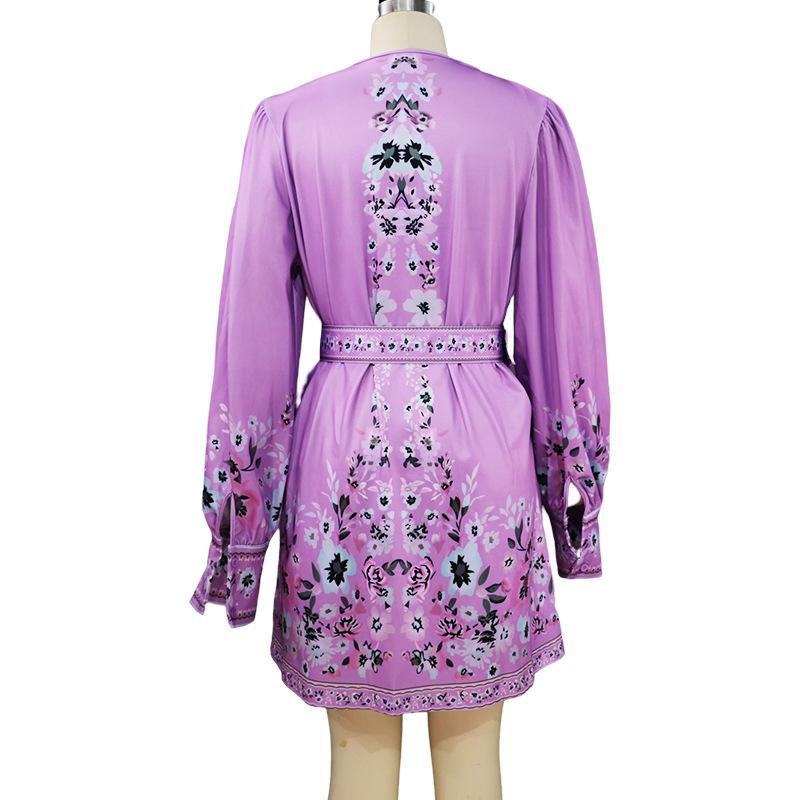 2025 Autumn New Style, Women's Wear, Long Sleeve, V-neck, Loose, Printed, Bohemian, Dress, Retro Flower Pattern