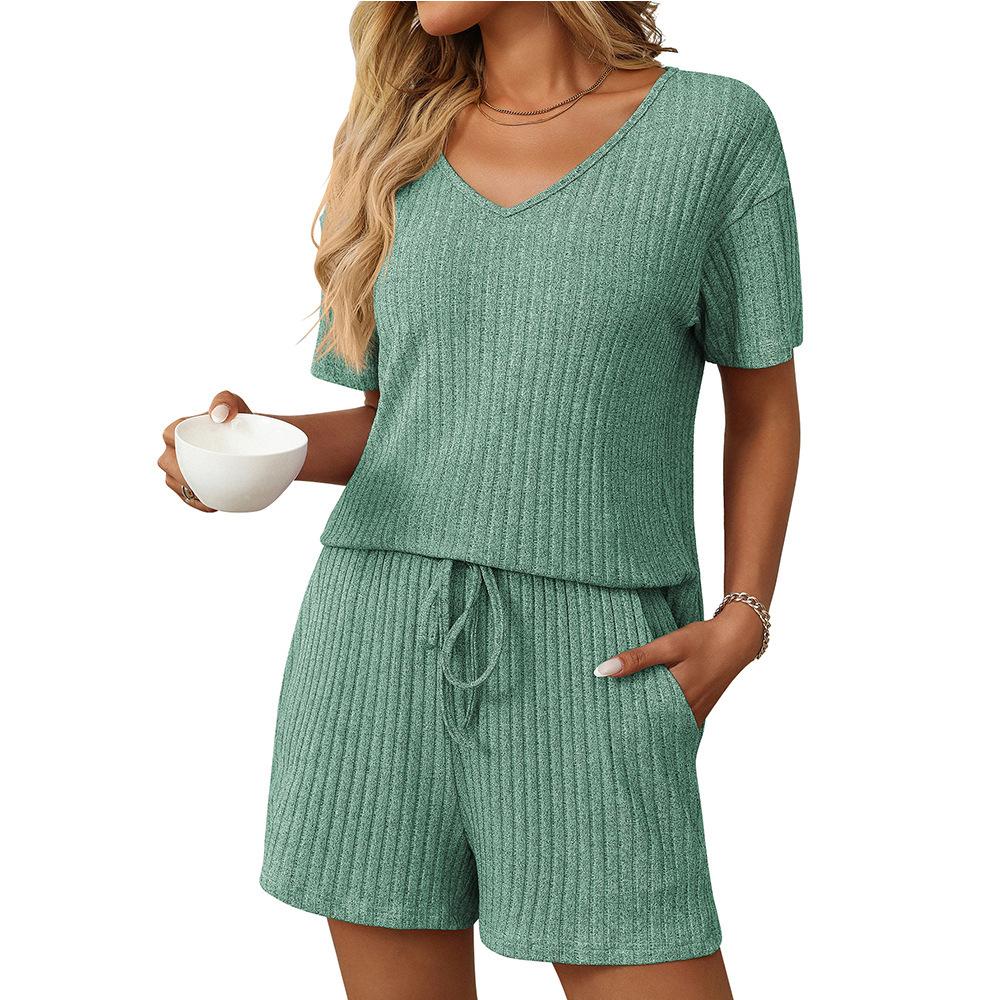 Women's Fashion Solid Colour V-Neck Short-Sleeved Shorts Home Leisure Pajamas Two-Piece Set