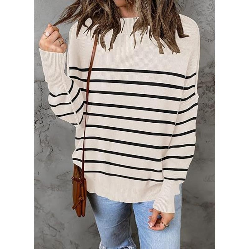Осенне-зимний женский свитер с круглым вырезом больших размеров, свободный свитер в полоску