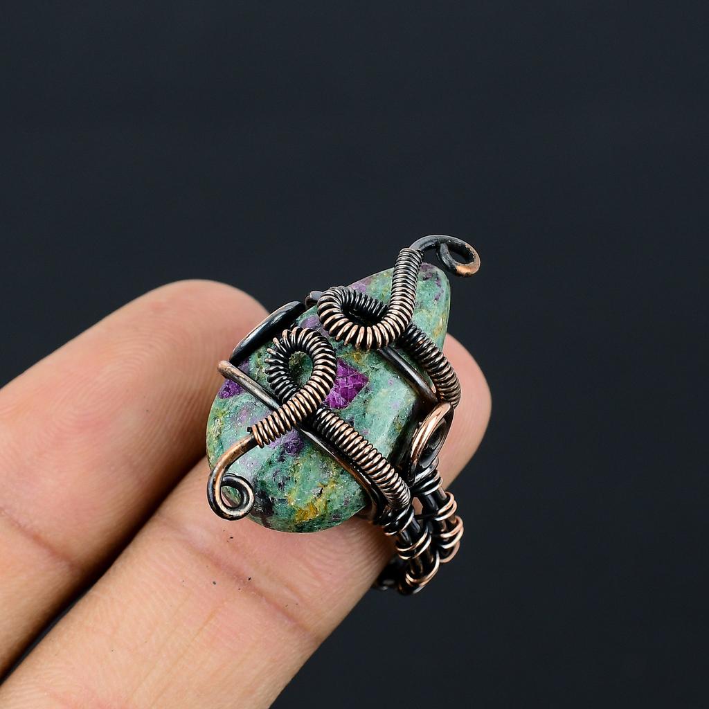 Рубин в драгоценном камне фуксита ручной работы из медной проволоки, ювелирное кольцо, размер 8 U8c95