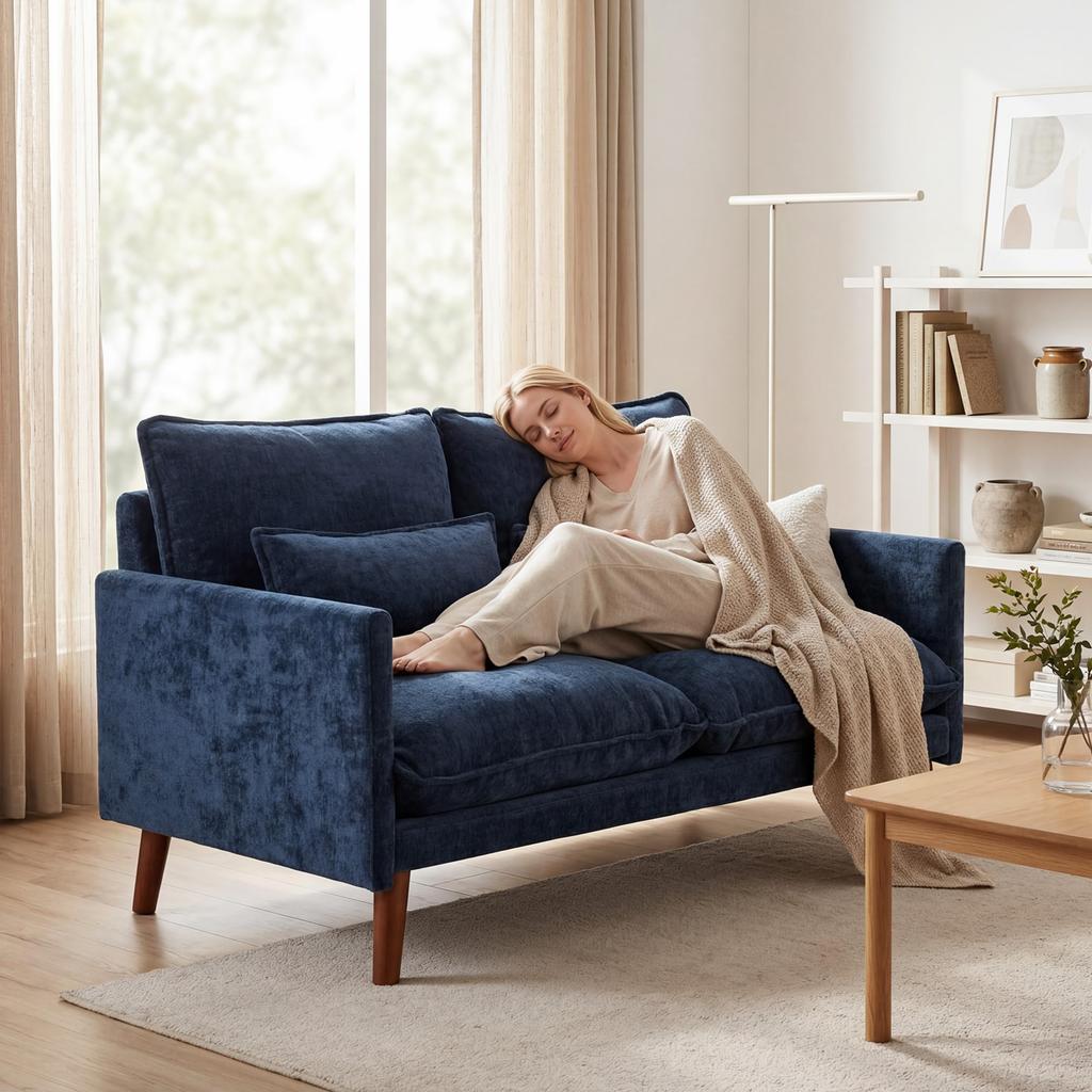 2 Seater Sofa Loveseat Sofa With Spring Cushions Wide And Deep Seat Wood Legs Blue