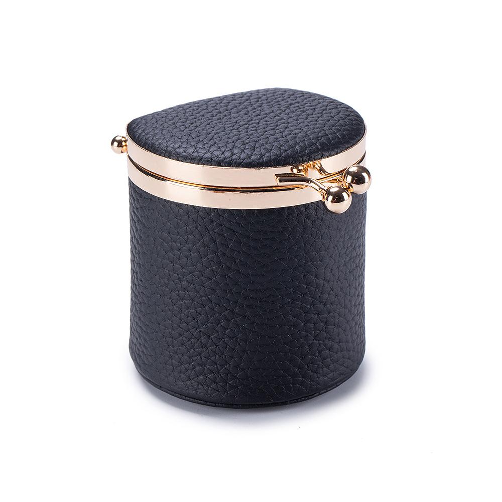 Portable Real Leather Jewelry Travel Wallet Mini Kiss-Lock Cylindrical Storage Box, Compact Organizer for Rings, Earrings, Coins