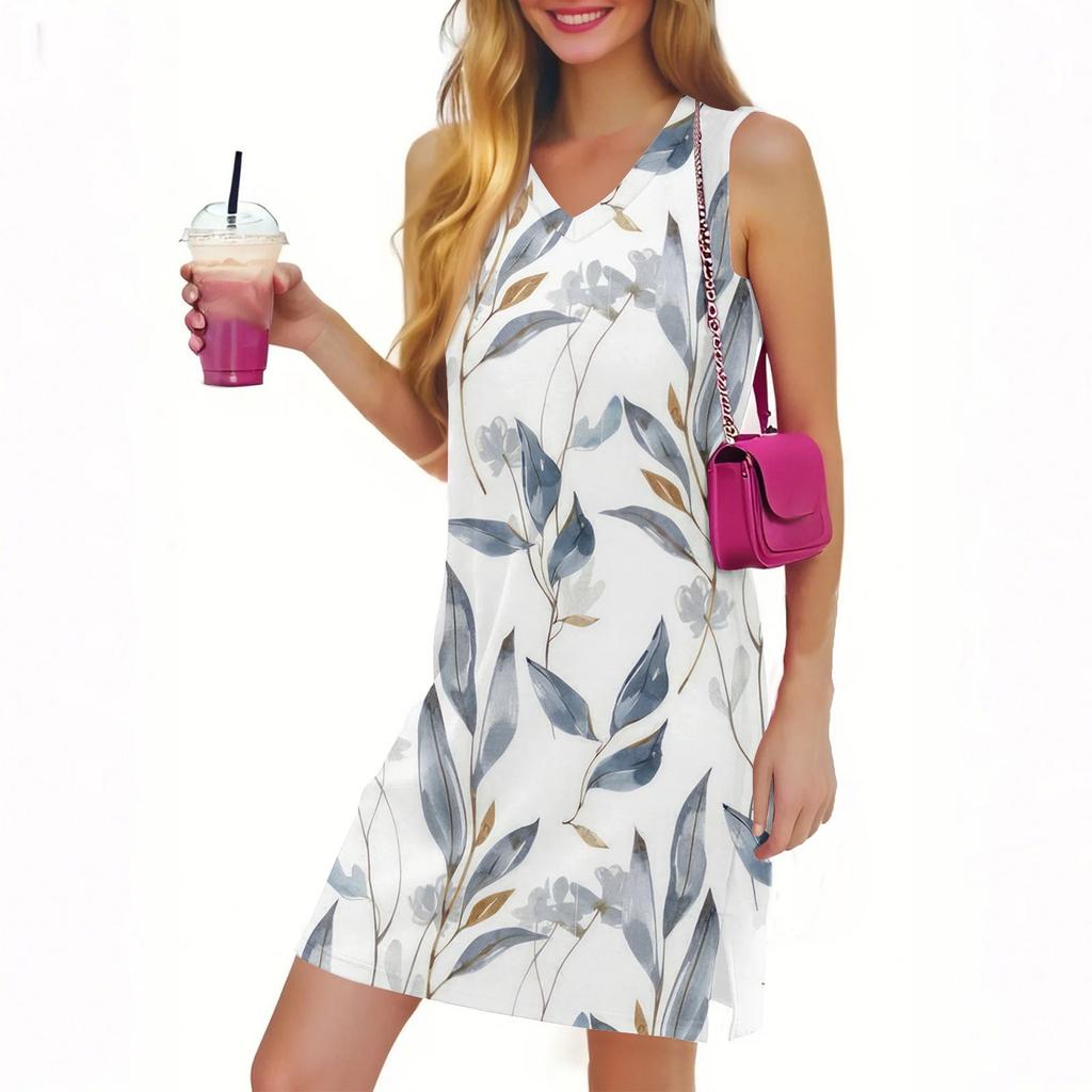 V-Neck Summer Casual Beach Dress For Women Vacation Women's Sleeveless Sundress With Split