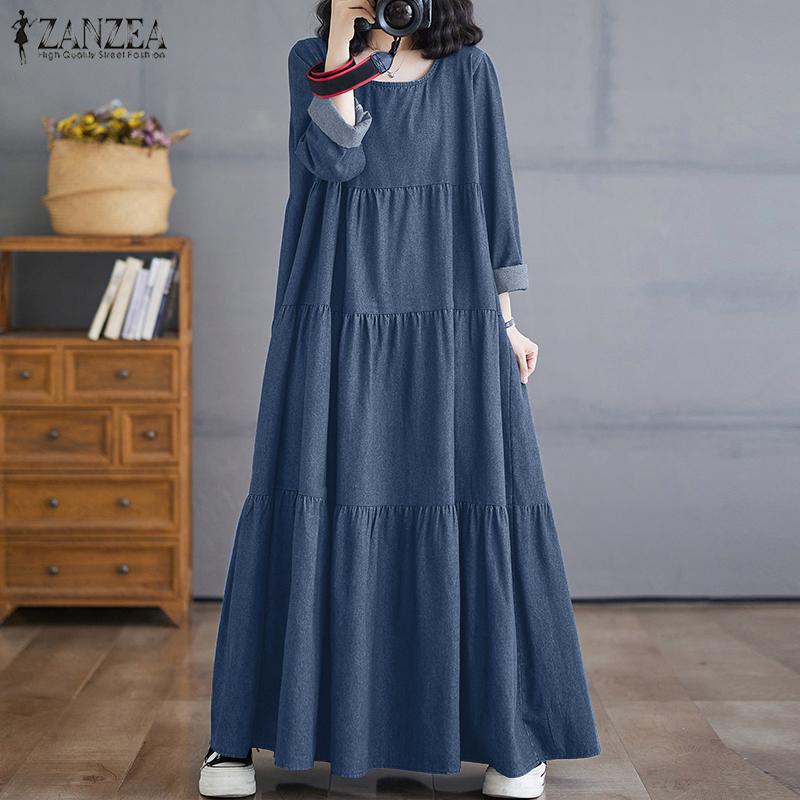 ZANZEA Женское повседневное платье с круглым вырезом и длинным рукавом