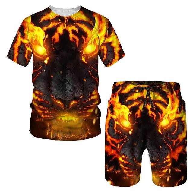 The Tiger 3D Printed T-Shirt/Suit Summer Short Sleeved O-Neck Men's Beach Pants 2 Pcs Set Couple Sportswear Swimming Shorts